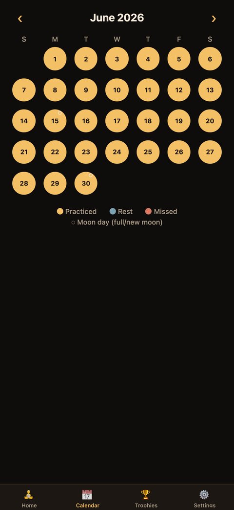 Baba Ekam calendar view showing a month of practiced days